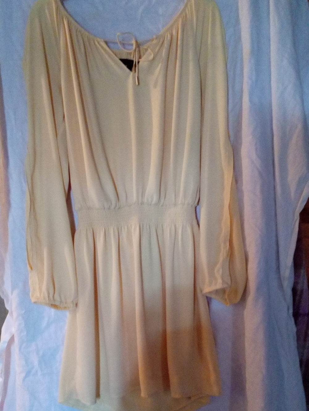 White House Black Market Cream Long-Sleeve Smocked-Waist Dress